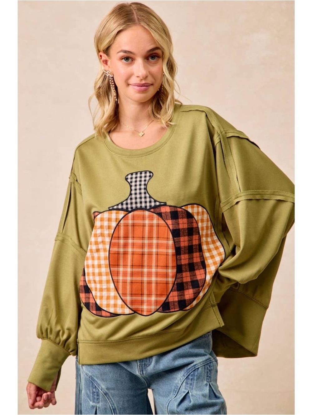 Olive Green Pumpkin Applique Oversized Women's Top